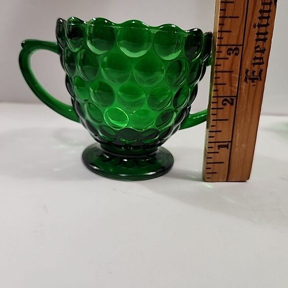 Set Of 4 Vtg Anchor Hocking Forest Green Bubble Glass (2) Cups + Cream & Sugar - Picture 6 of 16